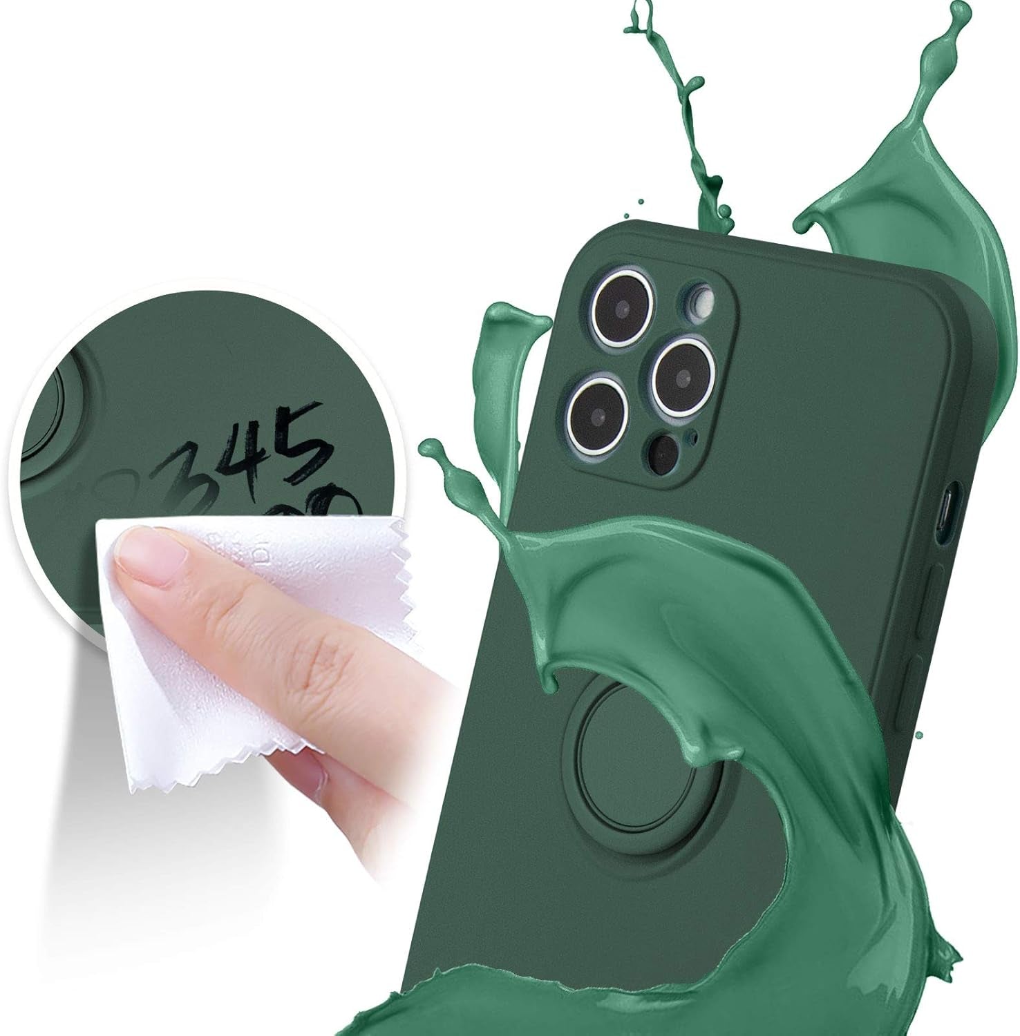 Compatible with Iphone 12 Pro Max Case, Silicone with 360°Ring Kickstand Holder (Support Car Mount) Soft Silk Microfiber Cloth Designed for Iphone 12 Pro Max 6.7Inch 2020 (Army Green)…