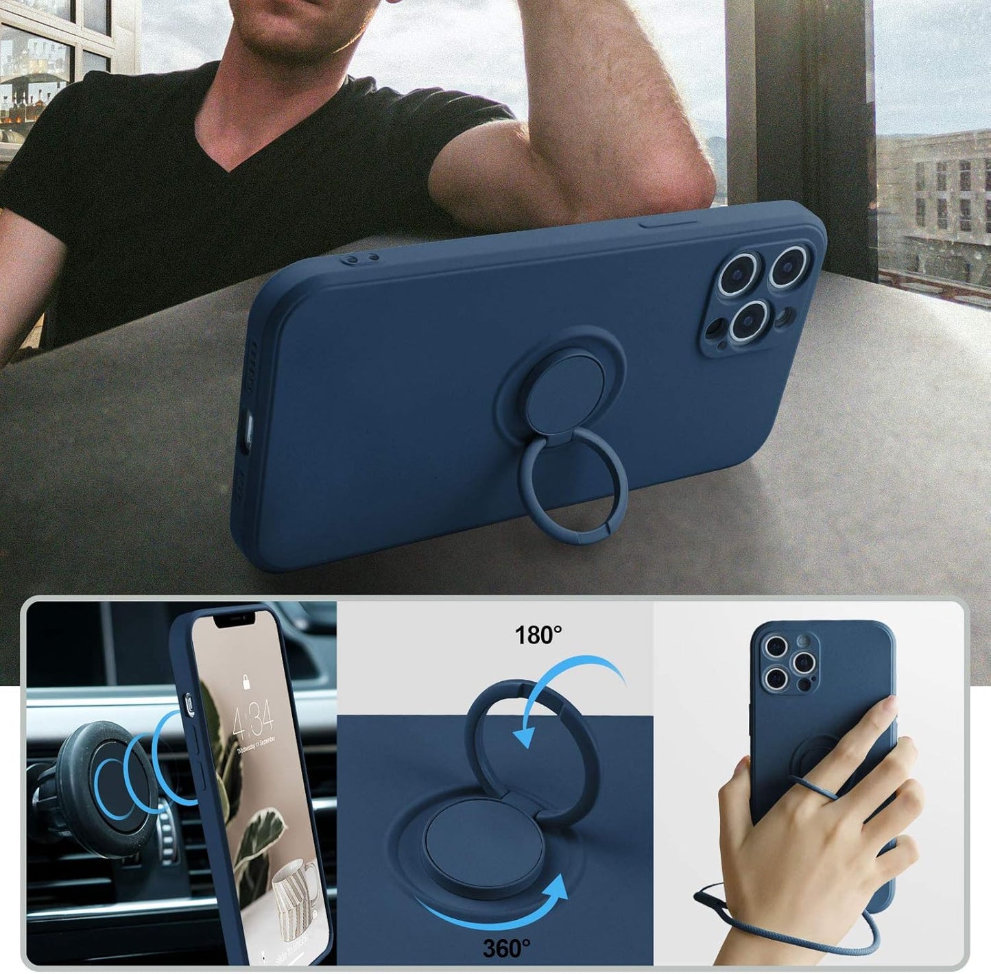 Compatible with Iphone 12 Pro Max Case, Silicone with 360°Ring Kickstand Holder (Support Magnetic Car Mount) Soft Silk Microfiber Cloth Designed for Iphone 12 Pro Max 6.7Inch 2020, Blue